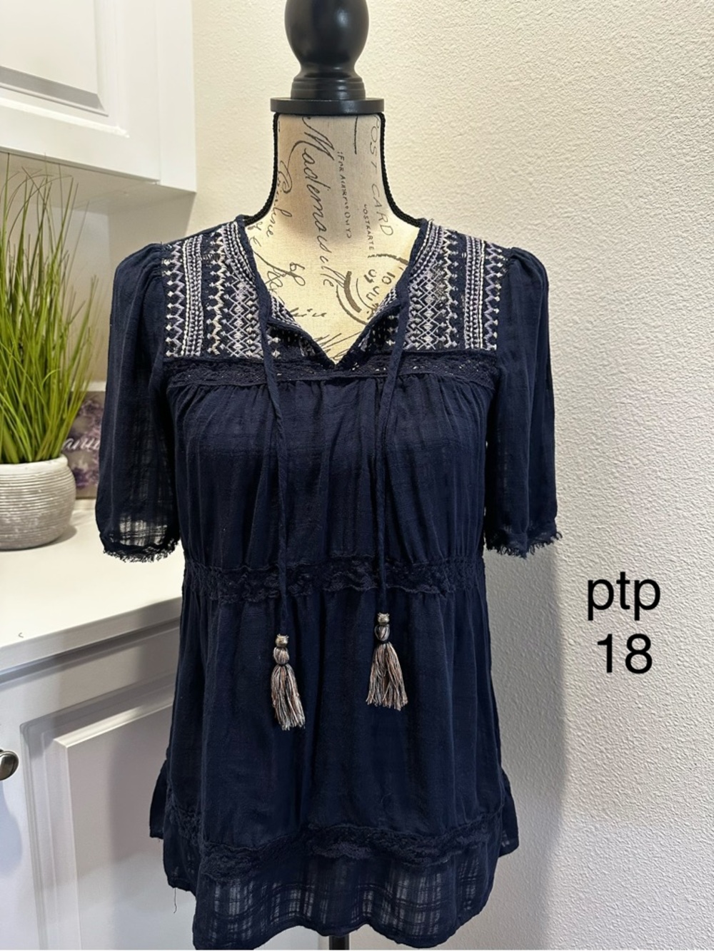 Knox Rose Navy Embroidered Tassel Boho Blouse
